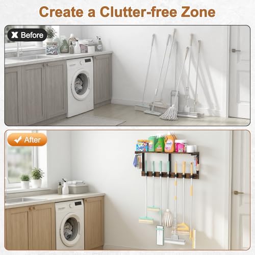Housolution Wall Mount Broom Holder Hanger Laundry Room Storage Shelves