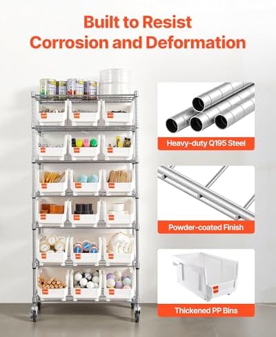 VEVOR 7-Tier Rolling Bin Storage Rack, 18 Organizer Bins, Bin Rack Storage St...