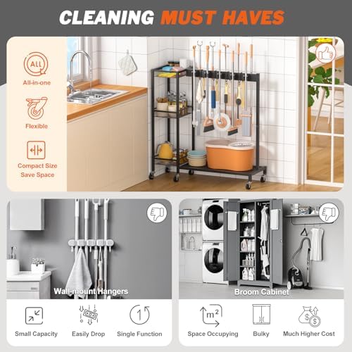 Broom Holder with Cleaning Supplies Organizer, Broom Closet Storage Cabinet w...