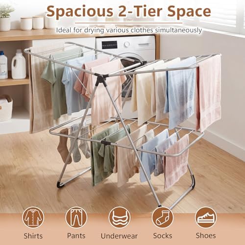 GIANTEX Foldable Clothes Drying Rack, 2-Tier Aluminum Laundry Drying Rack wit...