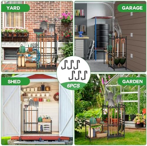 DAOUTIME Garage Tool Organizer with 2-tier Wooden Shelves, Yard Tool Organize...