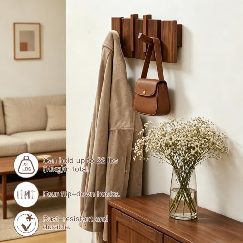 QUELLANCE Wooden Coat Hooks Wall Mounted, Coat Rack Hanger Wall Mount with 4 ...