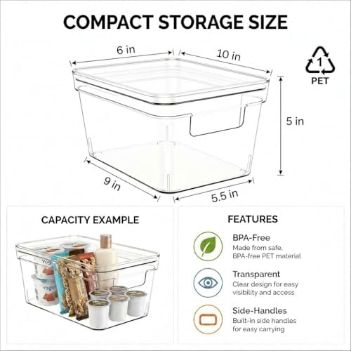 MOONEDGE 8-Pack 10x6x5 Stackable Small Clear Storage Bins with Lids