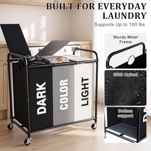 YKDIRECT 180L Laundry Hamper with Wheels and Lid, 3 Section Laundry Sorter