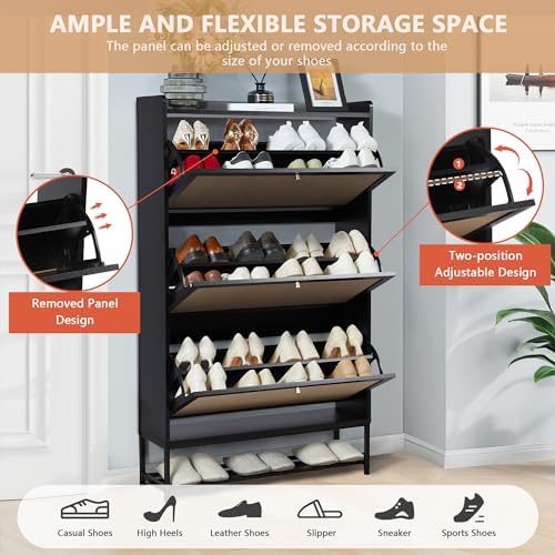 LEVNARY Shoe Cabinet for Entryway, Slim Shoe Cabinet with 3 Flip Drawers Narr...