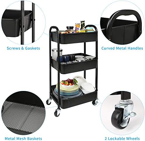 3-Tier Rolling Utility Cart with Caster Wheels Easy Assembly, Black