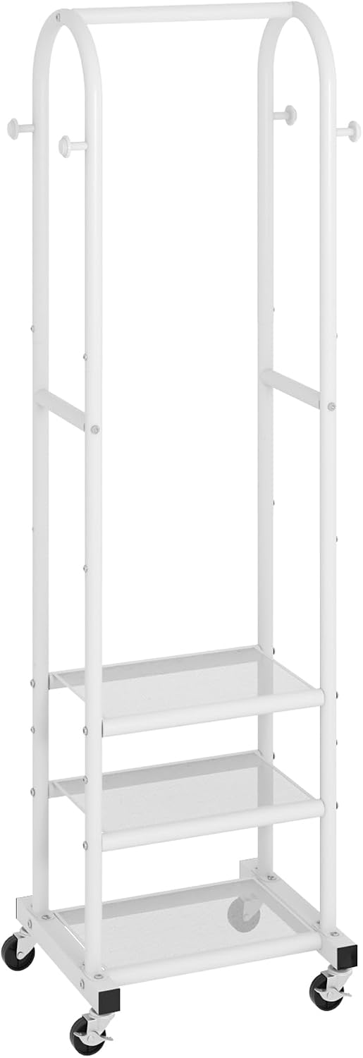 Kaitiemoo Clothing Rack, Mobile Garment Rack with Wheels & 3 Shelves, White