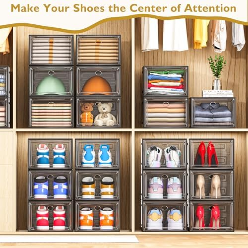 12 Pack Shoe Organizer, Stackable Shoe Storage Boxes with Magnetic Door