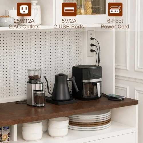 71" Tall Pantry Cabinet with Charging Station, LED Lights & Microwav...