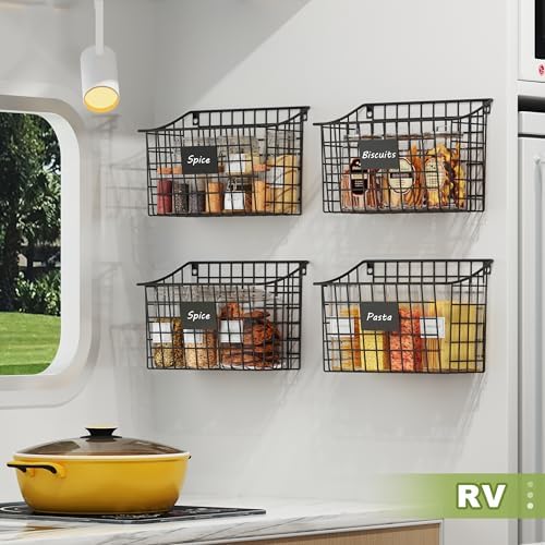 Wall Basket with Label Plate & 5 S-Hooks –4 Pack Hanging Wire Basket for ...