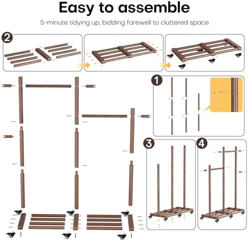 Wooden Clothing Rack, Double Pole Clothes Rack with 4 Hooks & 6 Wheels
