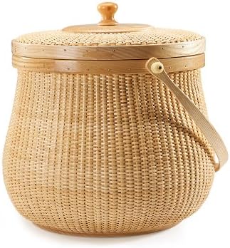 Nantucket Pot Belly Baskets, Fine Cane Weaving Circular with Swing Hardwood H...