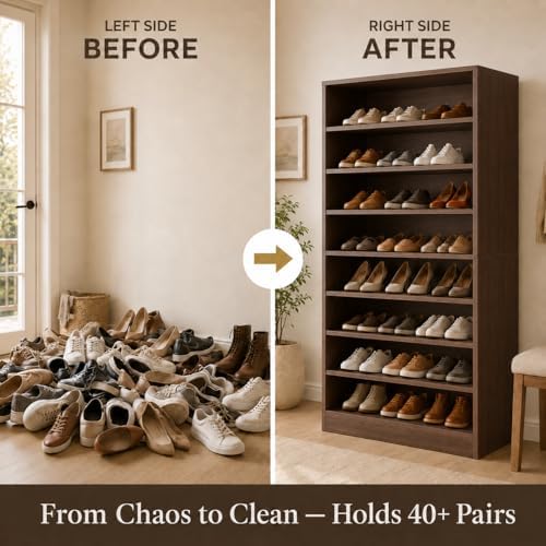 Homieasy 9-Tier Tall Shoe Rack Cabinet for Closet & Entryway, Walnut