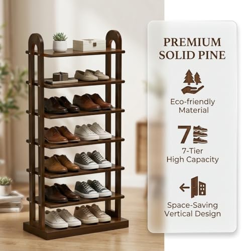 43.7" Wooden Shoe Rack - Vertical Shoe Organizer Rack for Small Space, N...