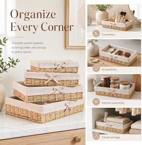 Baskets for Shelves Set of 4, Woven Paper Rope Storage, Khaki
