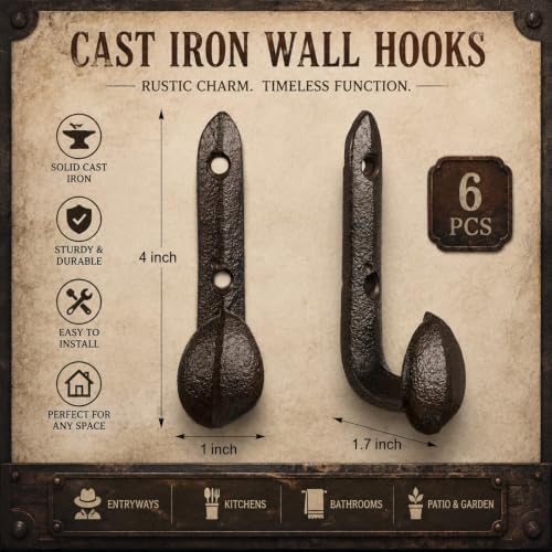 Yalikop 6 Pack Railroad Spike Cast Iron Hooks, Rustic Heavy Duty Wall Hook