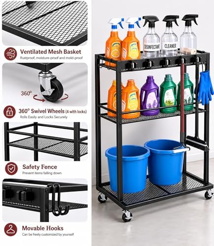 Broom Holder with Cleaning Supplies Organizer,Rolling Cleaning Cart
