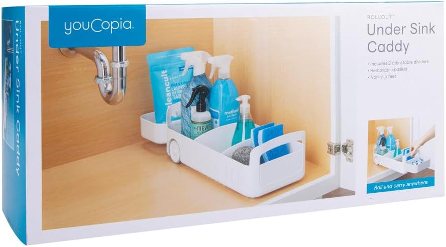 YouCopia RollOut Caddy Rolling Storage Bin with 2 Adjustable Dividers and Rem...