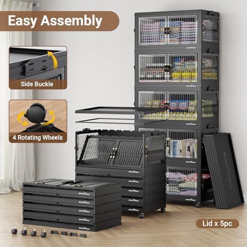 BROVIEW 600Qt Stackable Storage Bins with 5 Lids, Front and Side Open Doors, ...