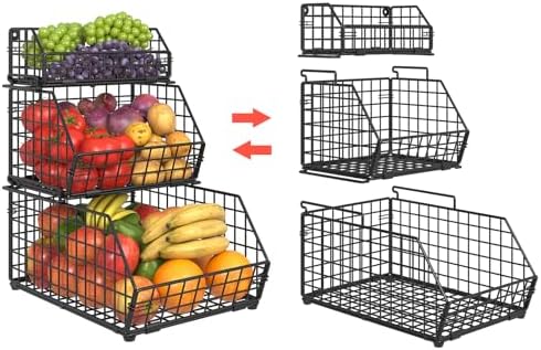 3-Tier Fruit Basket for Kitchen Counter, Stackable Wire Baskets Wall, Potato ...