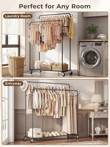 Clothes Rack, Rolling Clothing Rack with Double Rods for Hanging Clothes, Por...