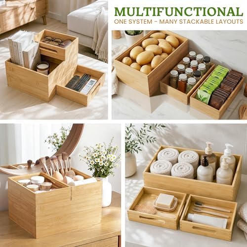 HOMESTEAD 3-Piece Stackable Bamboo Storage Box, Large Storage Bin, Wooden Box...