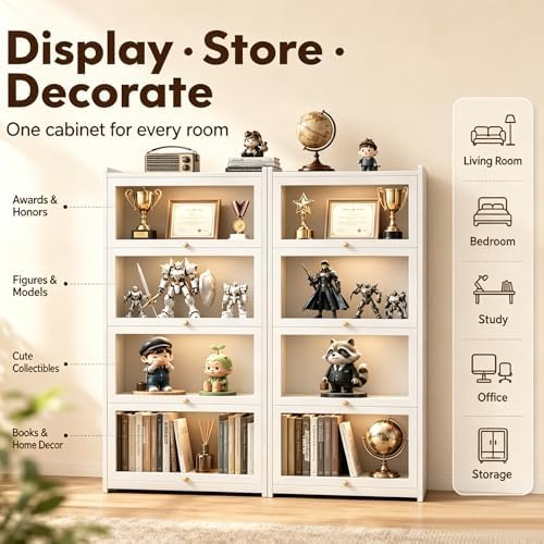 Display Cabinet with Doors, 4-Tier Bamboo Curio Cabinet for Small Space, Figu...