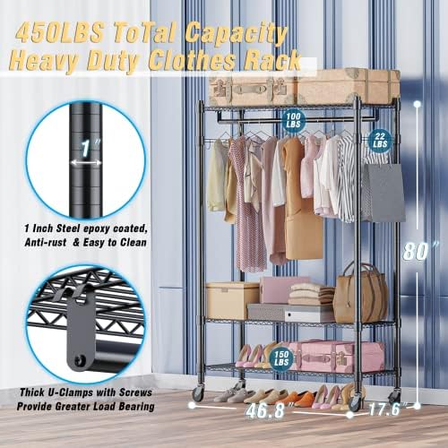 Homdox Double Rod Closet 3 Shelves Wire Shelving Clothing Rolling Rack Heavy ...