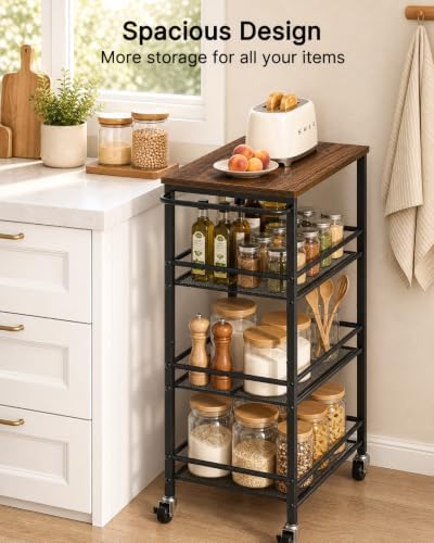 Pipishell Laundry Storage Cart with Wheels, Handle & Wood Top, Metal 4 Tier