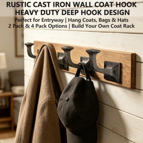 Rustic Cast Iron Wall Coat Hook 2.6×2.3in, Sturdy Vintage Heavy Duty Robe Tow...