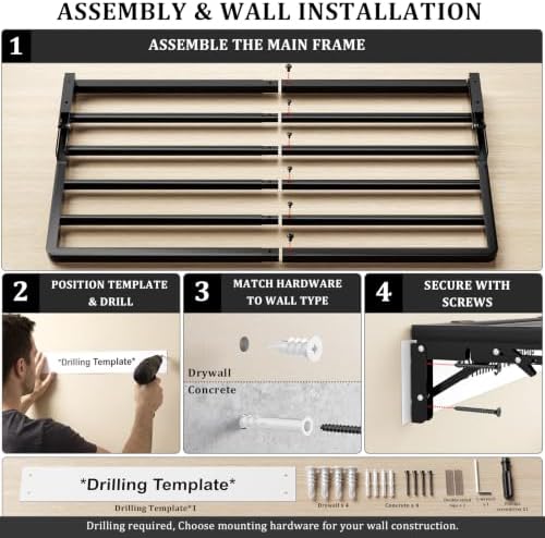 Wall Mounted Clothes Drying Rack, Foldable, 70 lbs Capacity, 30 Inch, Black