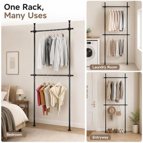 2 Tier Floor to Ceiling Clothes Rack, Clothes Storage Hanger