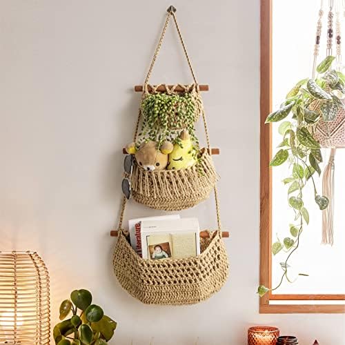 3 Tier Hanging Fruit Baskets for Kitchen, Handmade Jute Organizer