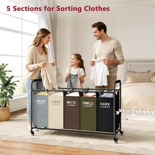 Tajsoon 5 Bag Laundry Sorter Cart, Laundry Hamper 5 Section, 5 Colors