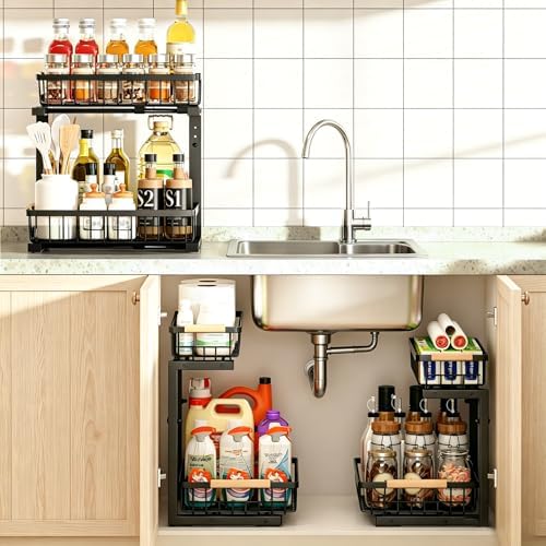 REALINN Under Sink Organizer, 2 Pack Height Adjustable Under Sink Organizers ...