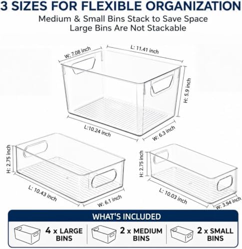 8 Pack Clear Bins for Organizing, Pantry Storage Bins, 3 Sizes: 4L+2M+2S