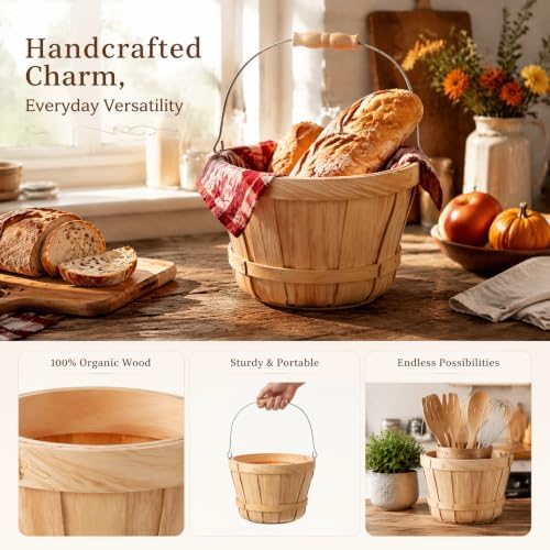 Okllen 2 Pack Round Wooden Baskets with Handle, Empty Wood Fruit Buckets, Eas...