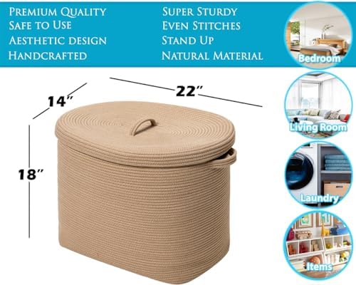 22x14x18 Inch Extra Large Rectangular Rope Basket with Lid, Decorative Blanke...
