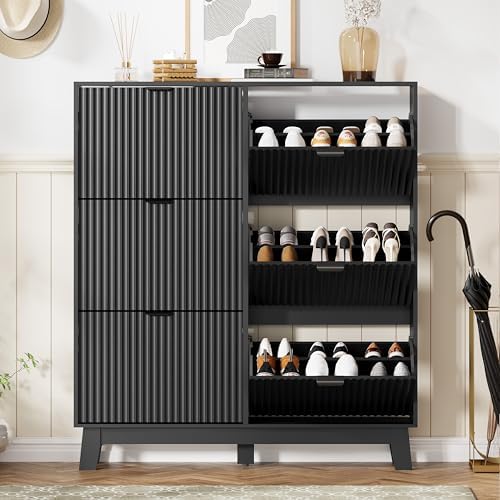 HUANLEGO Shoe Cabinet Storage for Entryway with 6 Flip Drawers, Black