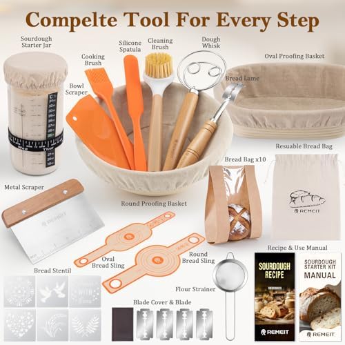 Sourdough Starter Kit with Banneton Bread Proofing Basket Set, 9" Round ...