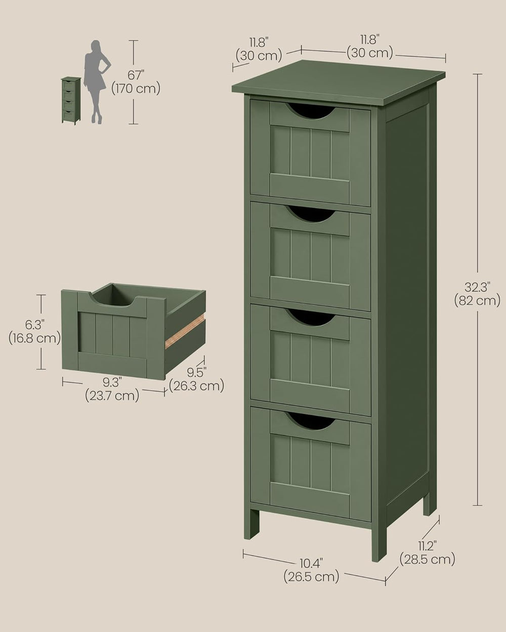 VASAGLE Floor Storage Cabinet, Freestanding Organizer with 4 Drawers