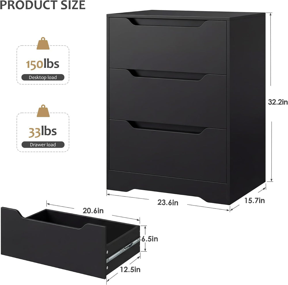 HOSTACK Modern 3 Drawers Dresser, Wood Chest of Drawers with Storage, Black