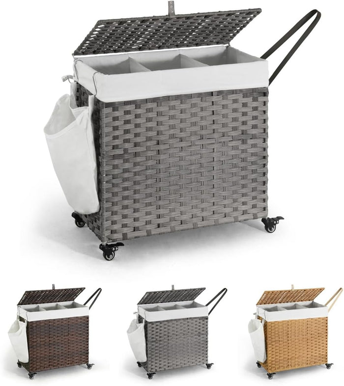 CAPHAUS Laundry Basket w/Wheels, Synthetic Rattan Laundry Hamper w/Lid, Removable Liner Bags, Mesh Bags, Pulling Strap, Clothes Hamper for Laundry, Basket w/Lid for Storage, 140L, Grey