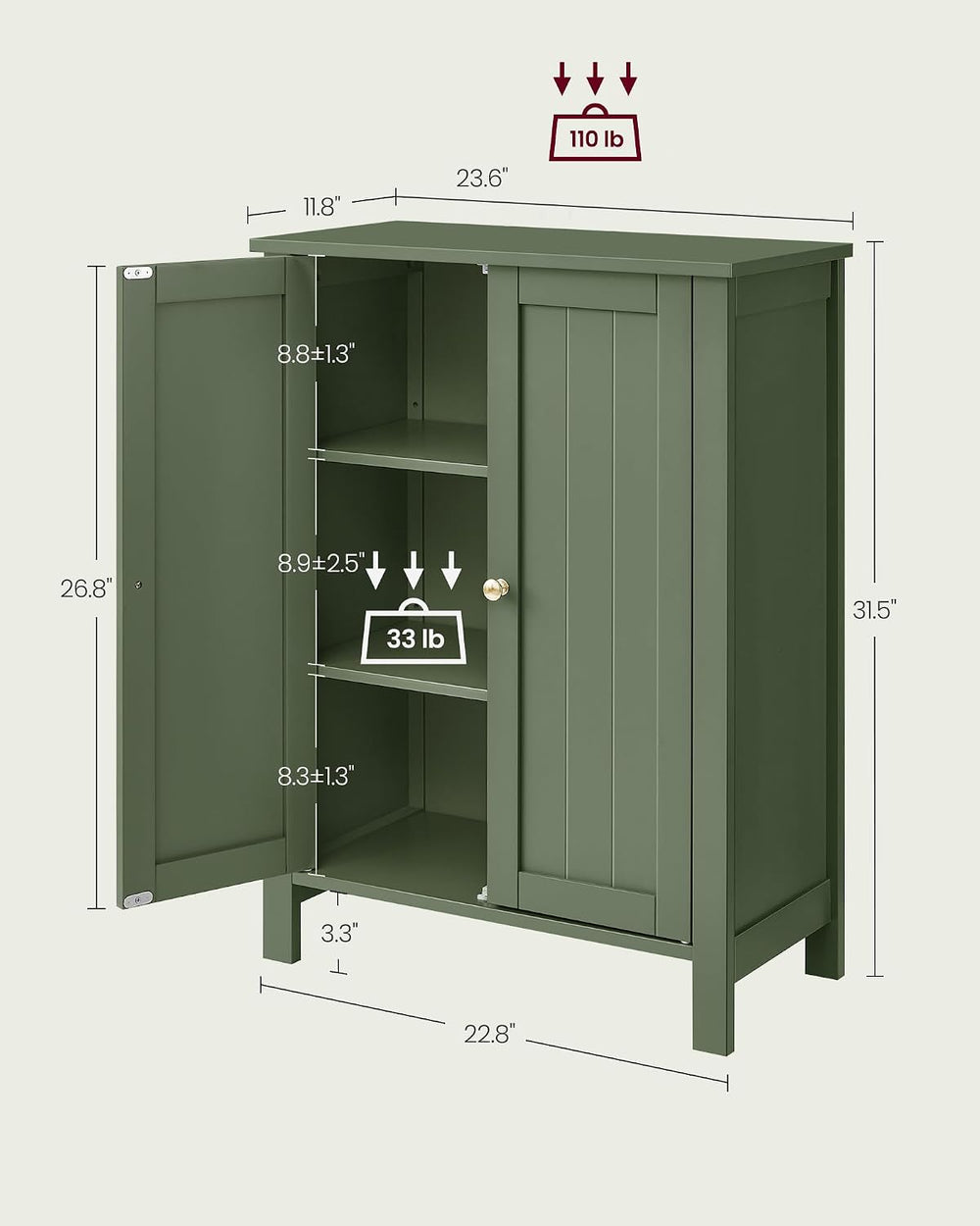 VASAGLE Bathroom Floor Storage Cabinet, 2 Doors , Forest Green