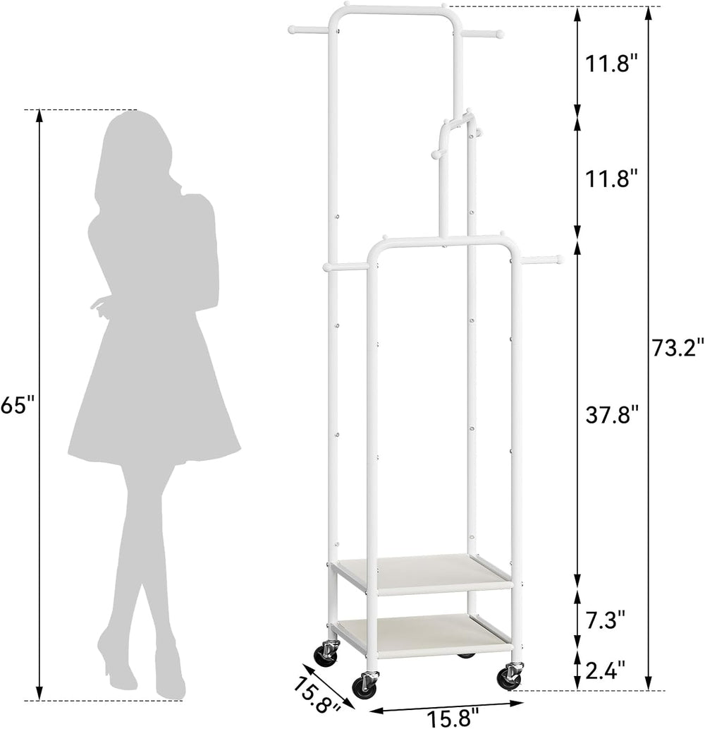 Chrislley Small Clothing Rack With Wheels & 2 Shelves, Narrow Clothes Rack