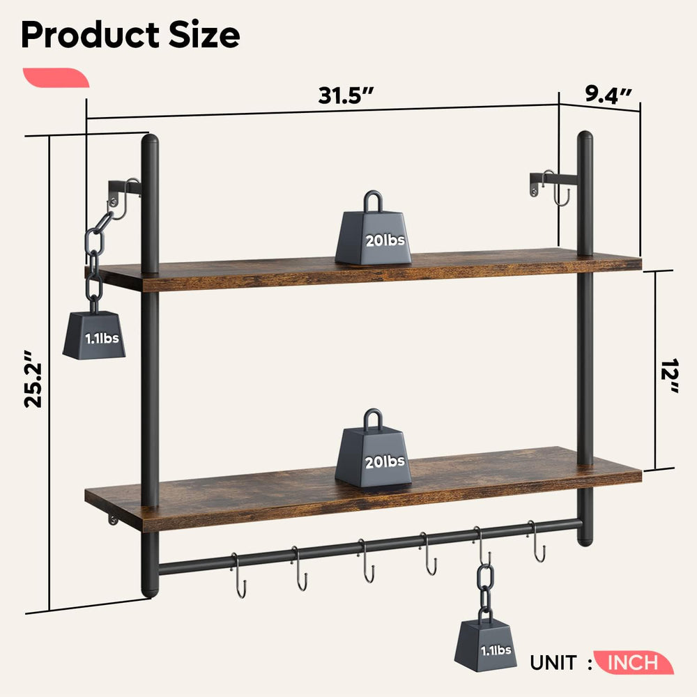 Bestier 31" Industrial Pipe Wall Shelf with Towel Bar, Rustic Brown
