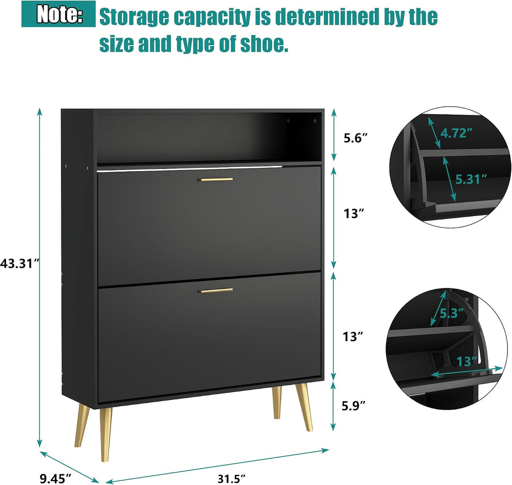 JOZZBY Shoe Storage Cabinet with 2 Flip Drawers and Open Shelves, Black丨Hidde...