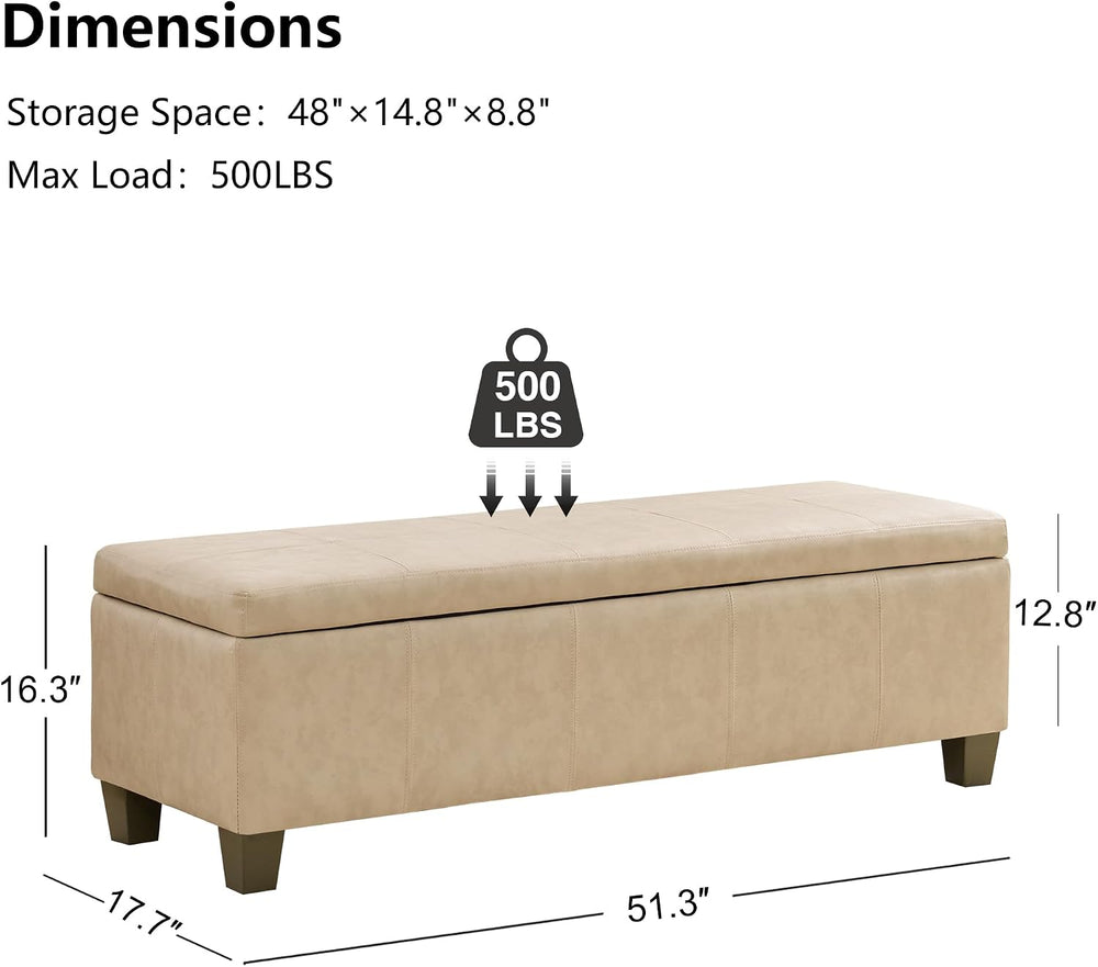 51 Inch Storage Ottoman, Storage Bench with Safety Hinge, Upholstered Synthet...