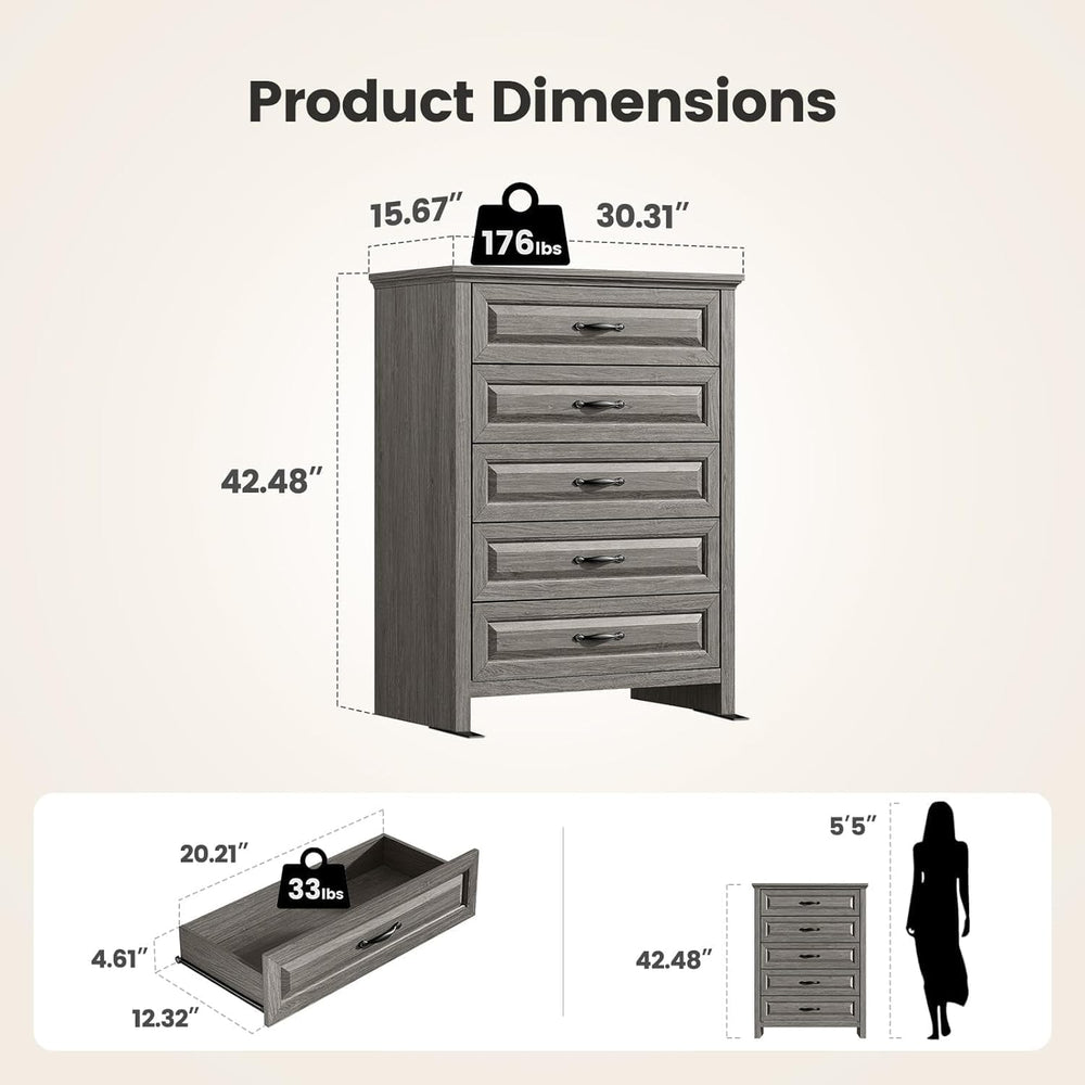 Pipishell 5 Drawers Dresser, 42.7 Inch Tall Wood Chest of Drawers, Gray
