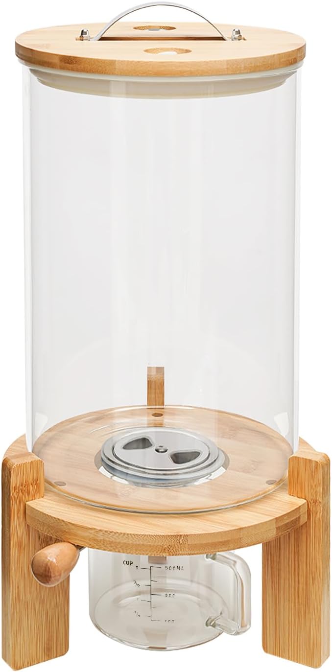 Glass Rice Dispenser,7.5L Countertop Flour Cereal Container w/ Bamboo Stand